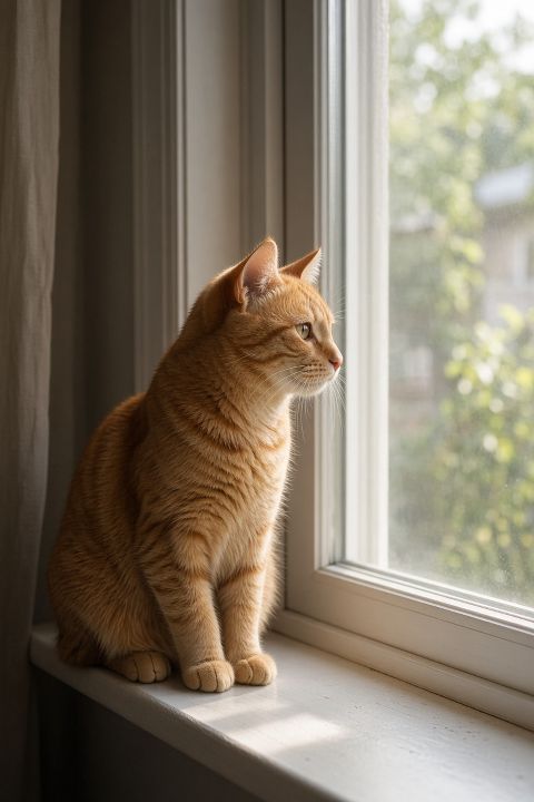 一只橘猫坐在窗边，清晨自然光，写实摄影